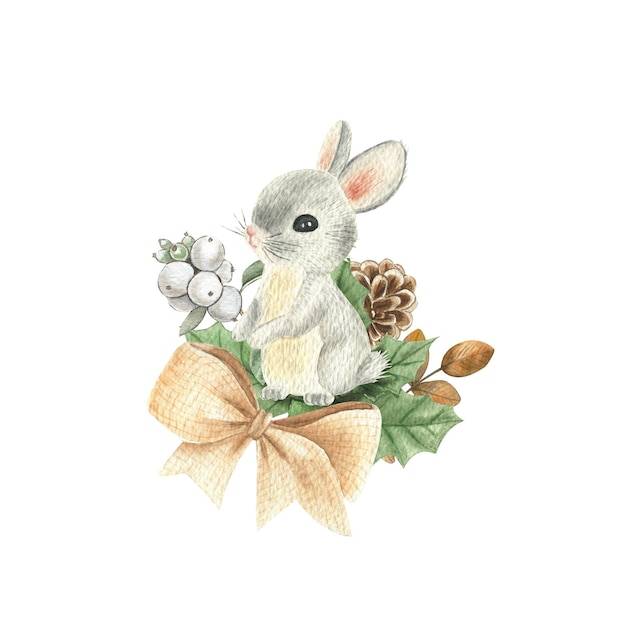 Акварельные иллюстрации кролика зимняя композиция