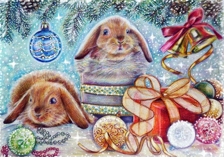 Картинка кролик Новый год два игрушка Животные Рисованные
