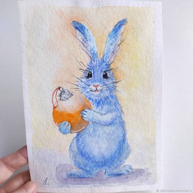 Картина Кролик новый год акварельная миниатюра в интернет-магазине Ярмарка Мастеров по цене