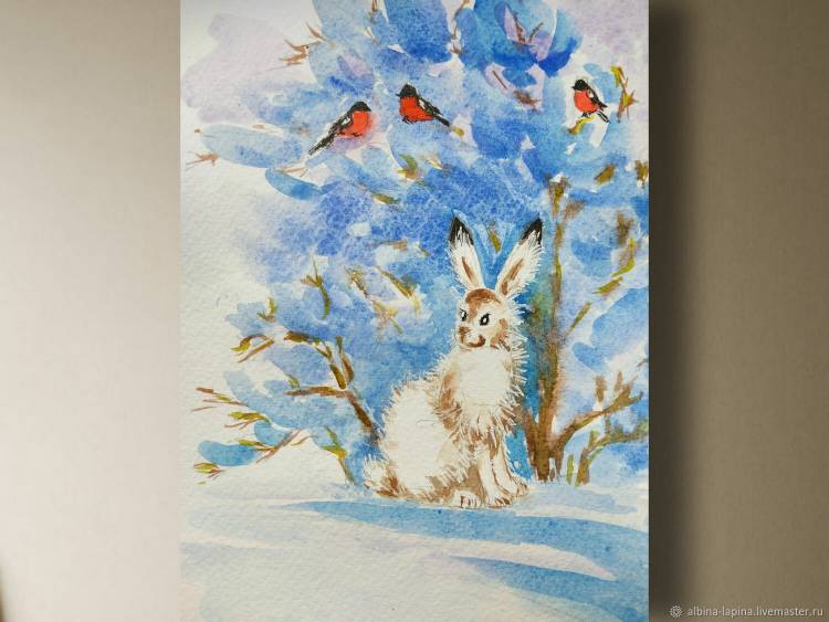 Картина с зайцем Новогодний зайчик зимний пейзаж акварель в интернет-магазине Ярмарка Мастеров по цене
