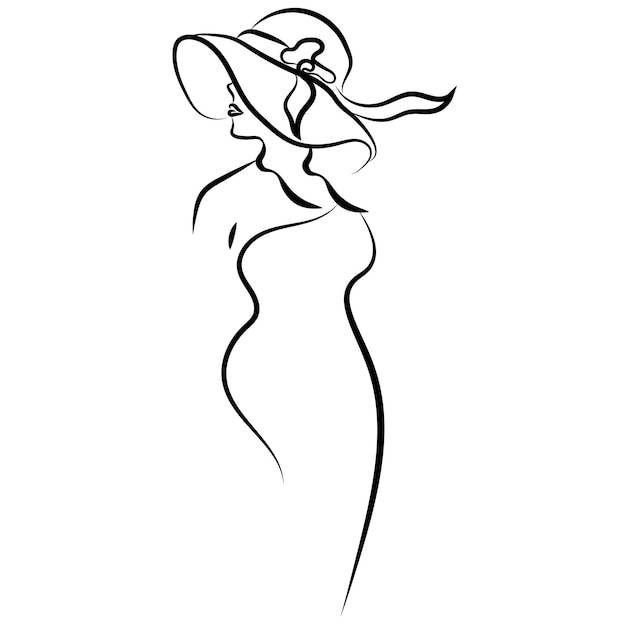 Женский силуэт черный векторный контур женщина в шляпе черные линии девушка в шляпе векторное лето