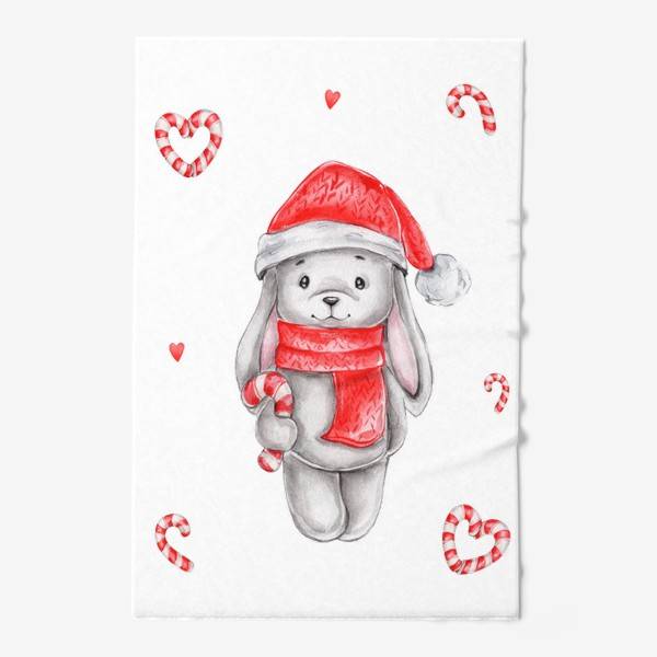 Постер «Новогодний зайчик в красной шапке и шарфе с леденцами