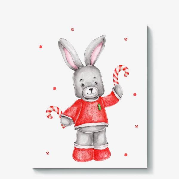 Холст «Новогодний заяц в красном свитере с леденцами», в интернет-магазине в Москве, автор