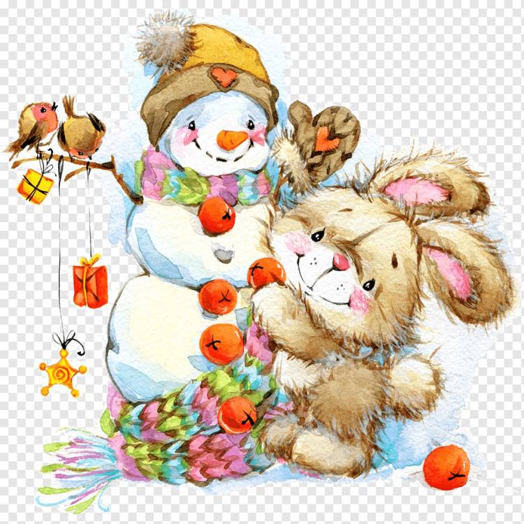 медведь обнимает снеговика, санта клаус новогоднее украшение елки иллюстрация, кролик снеговик, Акварельная живопись, зима, нарисованная png