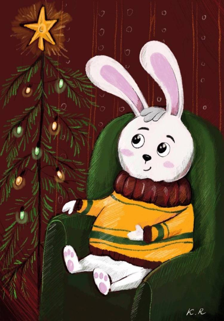 Christmas rabbit, and Christmas tree Новогодний кролик открытка, иллюстрация, арт, karinrio