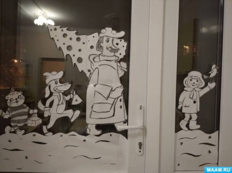 Новогодние окна по мотивам мультфильма «Простоквашино» 