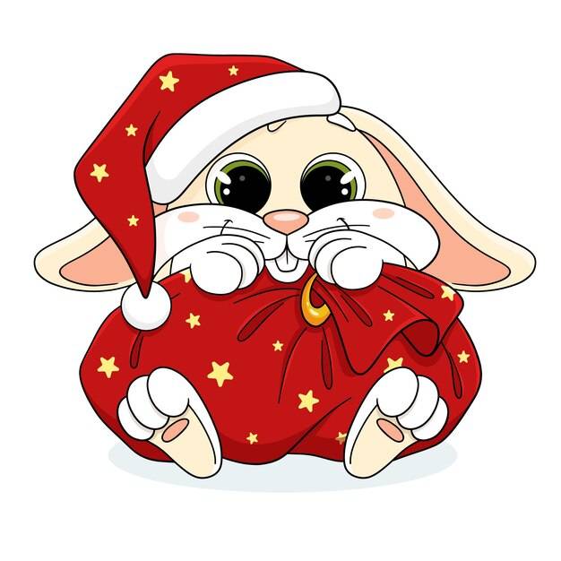 Милый мультяшный кролик в шапке деда мороза и большой красной сумке с подарками, украшенными звездами