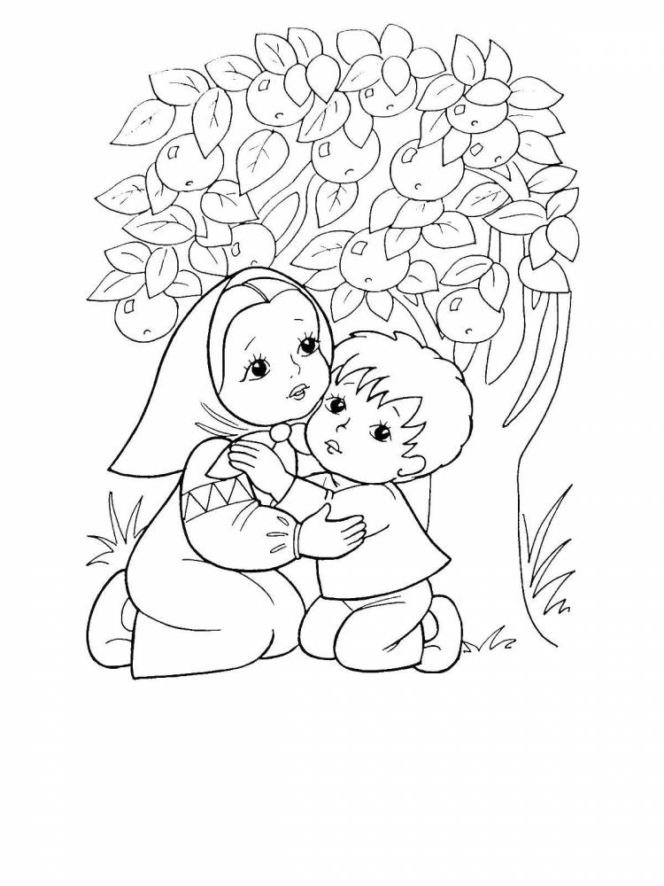 Раскраски алёнушка, Раскраска Сестрица алёнушка и братец иванушка сидят под яблоней Сказки
