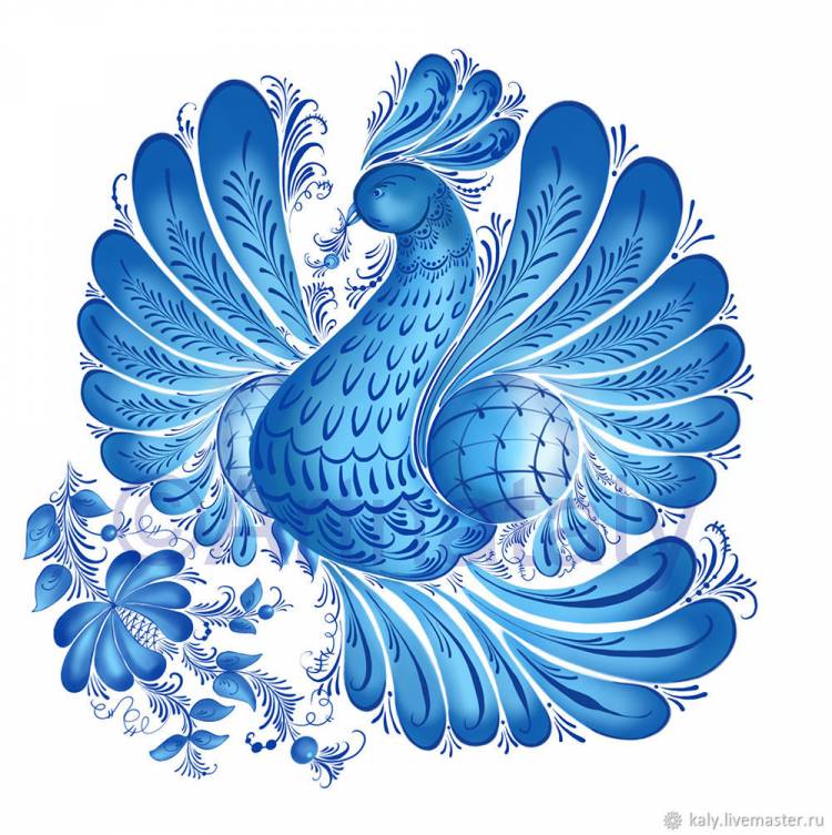 Иллюстрация Гжельская роспись птица клипарт набор