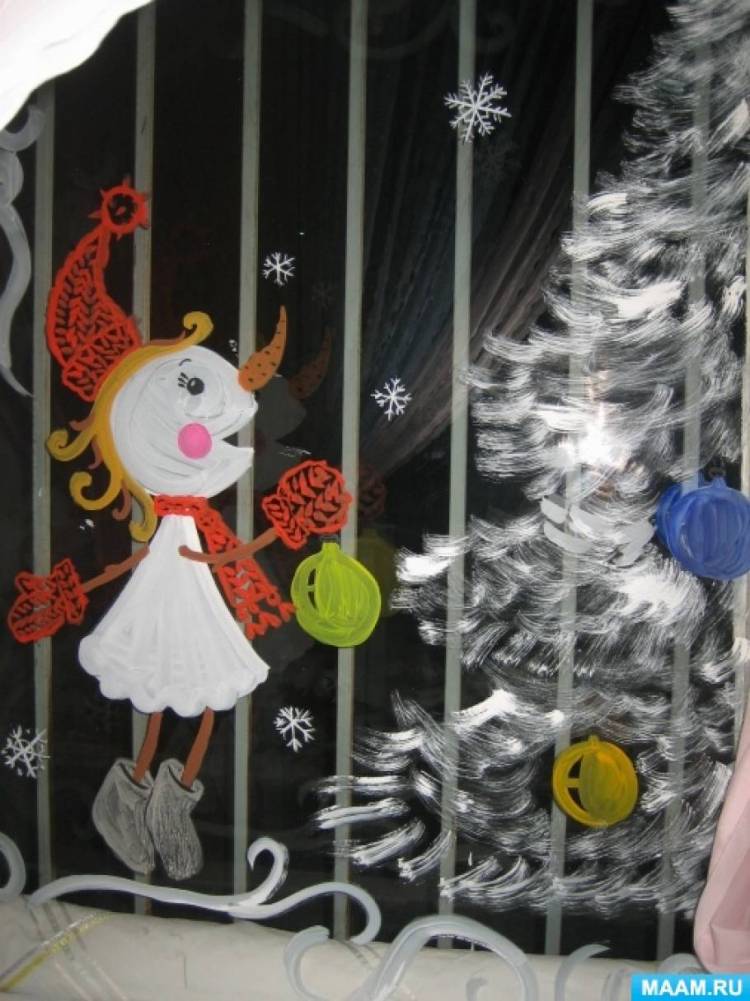 Новогодние рисунки на окнах гуашью 