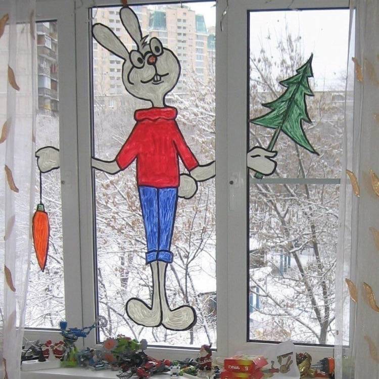 Заяц на окне гуашью