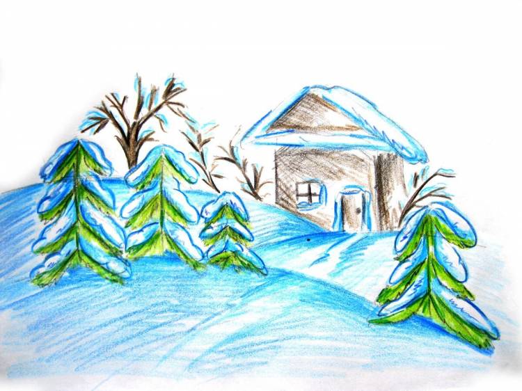 Детские рисунки про зиму цветными карандашами