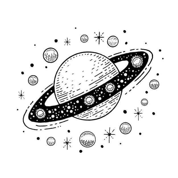 Эскиз сатурна планета космический вектор значок вселенной черная линия иллюстрация галактика рука рисовать татуировку