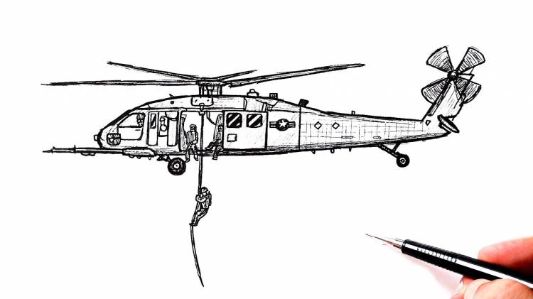Как нарисовать ручкой армейский вертолет с солдатами