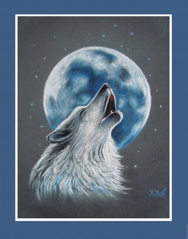 Волк, воющий на луну» в технике сухая пастель