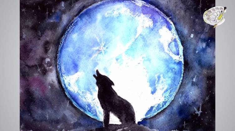 Как нарисовать волка, воющего на луну
