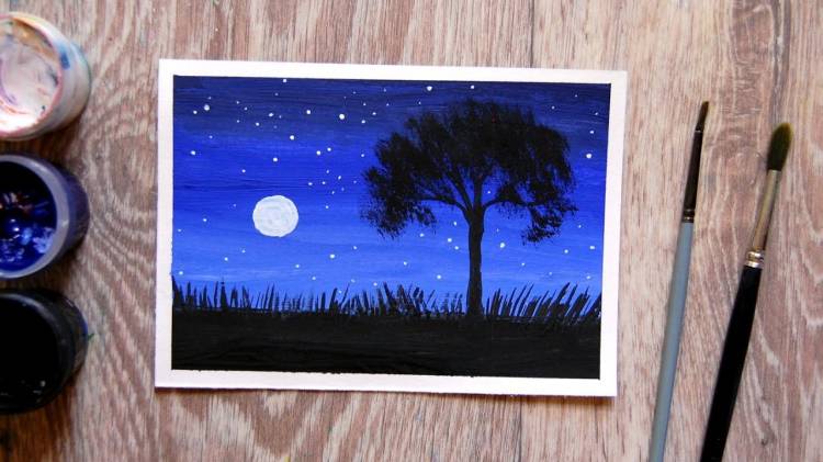 Как нарисовать ночной пейзаж с луной и одиноким деревом