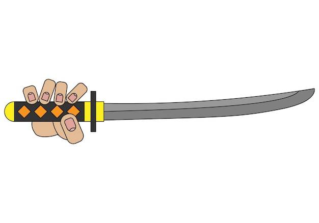 Рука держит меч катана, изолированные на белом фоне в мультяшном стиле в векторной графики