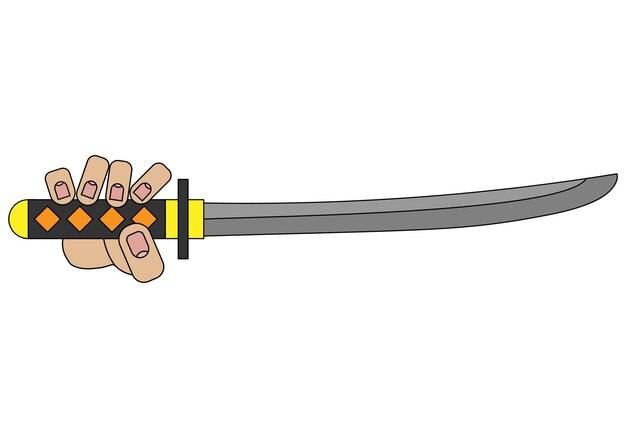 Рука держит меч катана, изолированные на белом фоне в мультяшном стиле в векторной графики