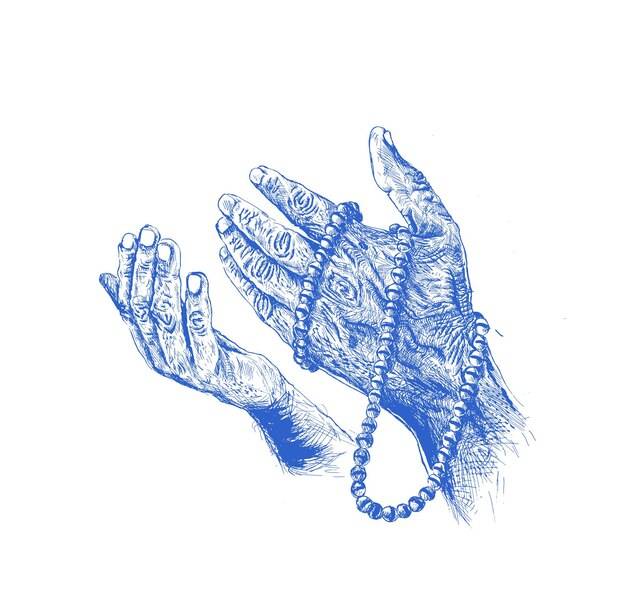 Молящиеся руки с четками, рисованной фон вектор эскиза