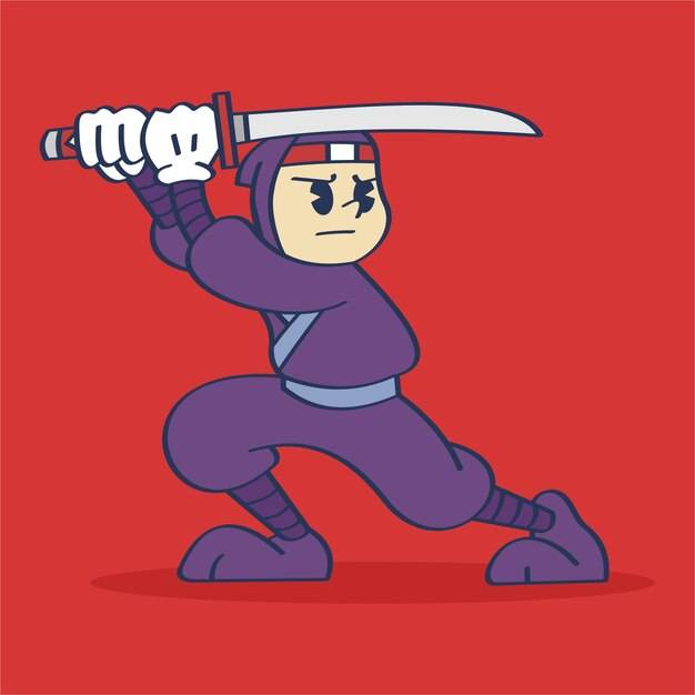 Ниндзя мультипликационный персонаж готов к бою, держа меч с двумя руками милое выражение руки рисунок