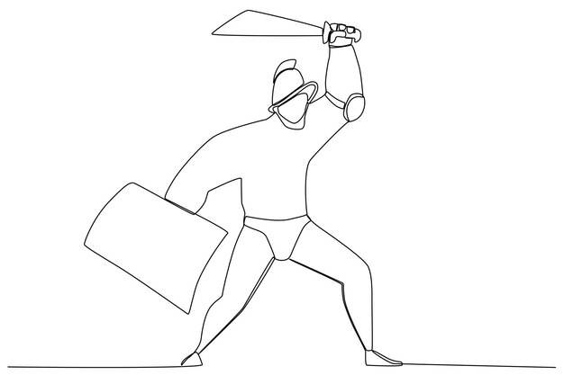 Воин держит щит и размахивает мечом древний воин однолинейный рисунок
