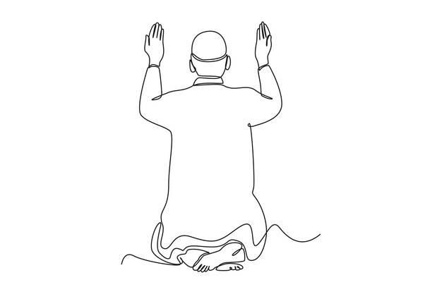 Непрерывный рисунок одной линии мусульманин поднимает руки для молитвы концепция ид аль-фитр однолинейный рисунок дизайн векторной графической иллюстрации