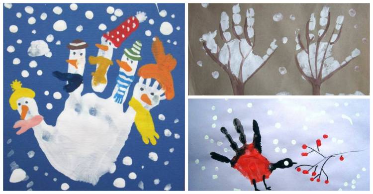 Зимние рисунки с отпечатками детских ладошек