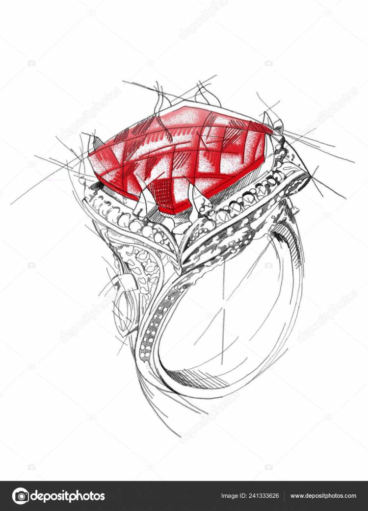Рисунок Карандашом Кольца Красным Камнем Белом Фоне Изолированный Эскиз Иллюстрация Стоковая иллюстрация ©AV_designer