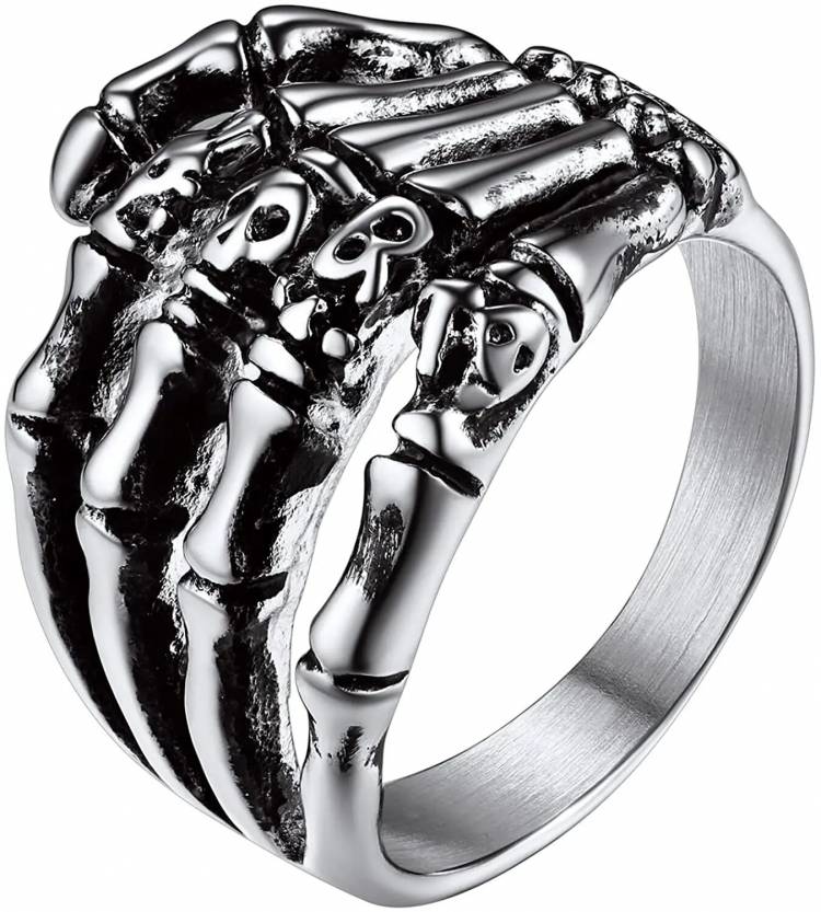 Richsteel Vintage Skull Hand Ring for Men Punk Death Skeleton Rings Stainless Steel Biker Statement Halloween Cocktail Party