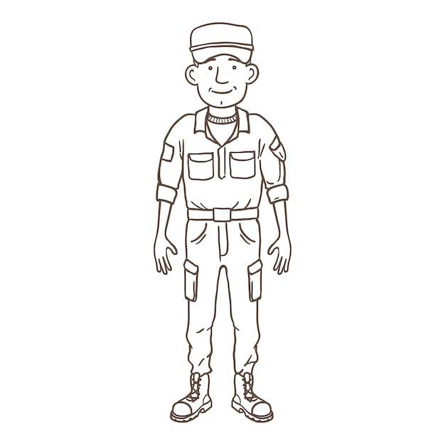 Векторный контур молодого человека в военной форме солдатского характера