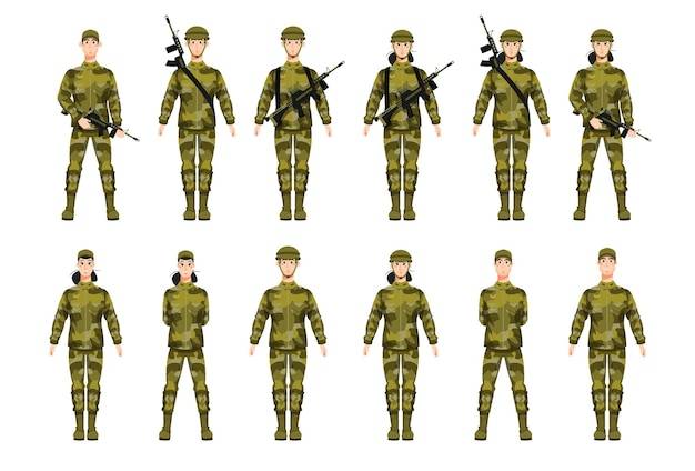 Набор солдат-офицеров в военной форме мужчина и женщина в армии плоская векторная иллюстрация