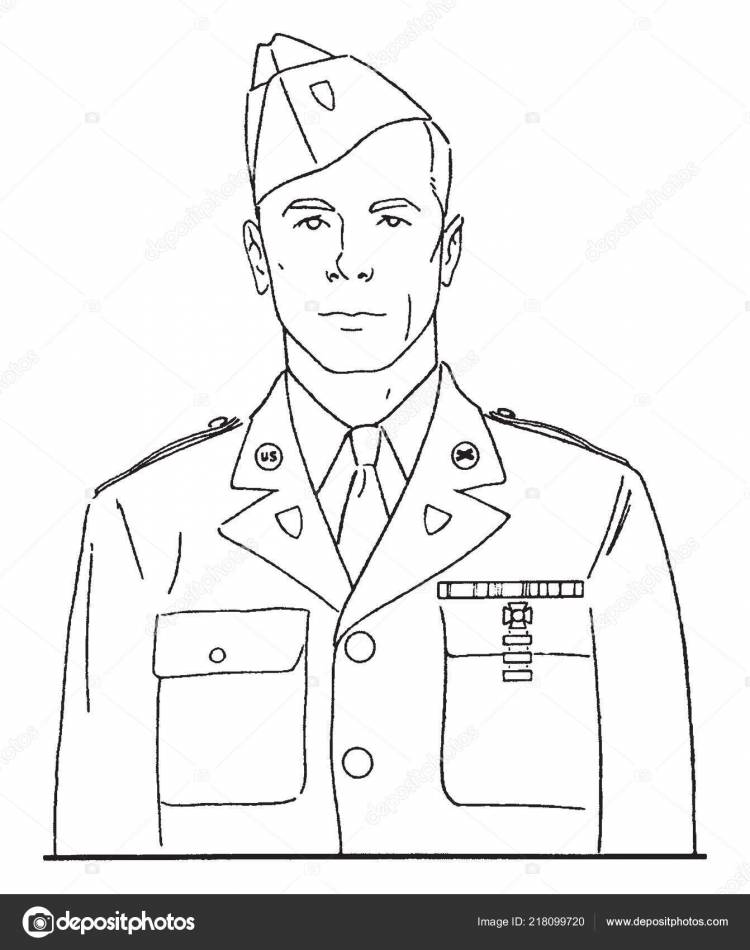 Мужчина Армейской Форме Рисунок Винтажной Линии Гравировка Иллюстрации Векторное изображение ©Morphart