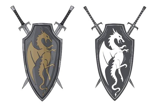 Герб средневековый рыцарский щит и скрещенные мечи знак дракона