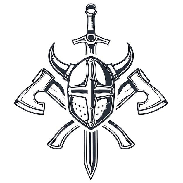Рыцарский герб с рогатым шлемом крестоносца, скрещенными топорами и вектором рыцарского герба меча