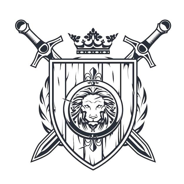 Средневековый герб со старыми деревянными щитами и геральдическим вектором герба коронного рыцаря