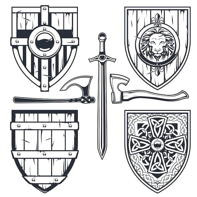 Набор средневековых щитов с кельтским рисунком и орнаментами рыцарских доспехов рыцарские щиты вектор
