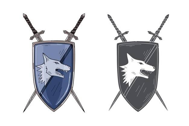 Герб средневековый рыцарский щит и скрещенные мечи знак волка