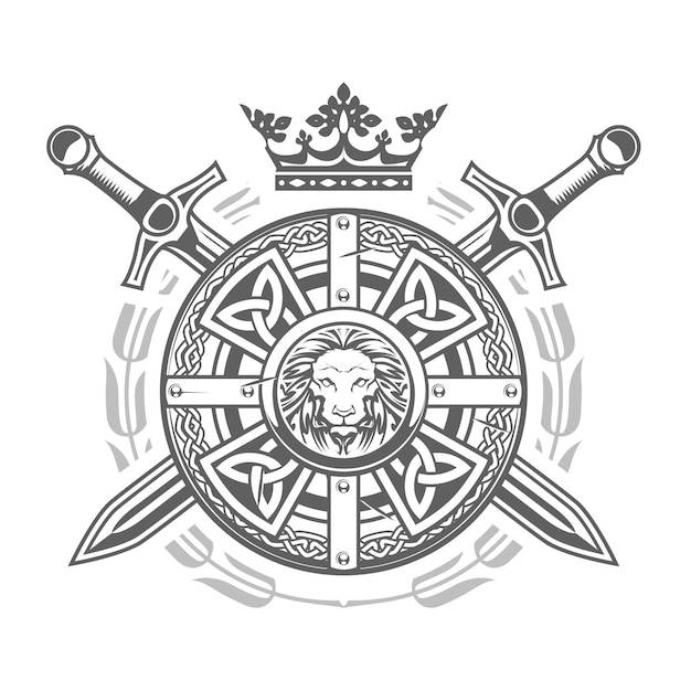 Богато украшенный круглый щит с короной кельтского рисунка и скрещенными мечами средневековый рыцарь эмблема королевский герб вектор