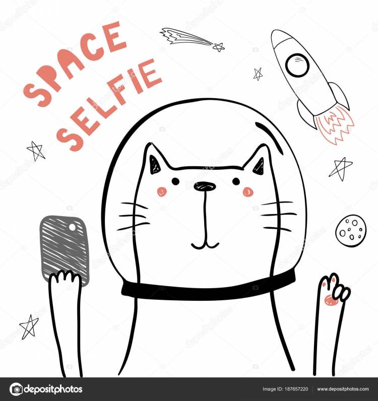 Ручной Рисунок Милый Смешной Кот Космосе Смартфоном Делая Селфи Вектор Векторное изображение ©Maria_Skrigan