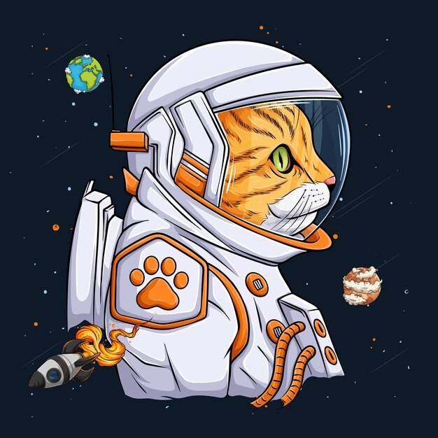 Нарисованный вручную смешной кот в скафандре космонавта космонавт или кот-космонавт над ракетой и планетами
