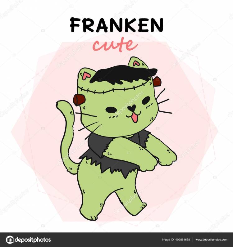 Милый Кот Зеленый Смешной Хэллоуин Милый Идея Сублимации Печать Поздравительная Векторное изображение ©Natsicha