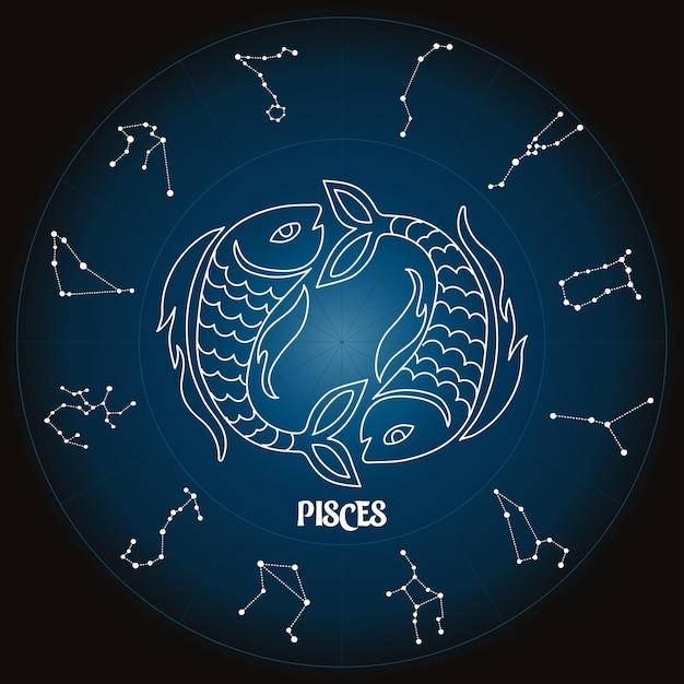 Знак зодиака рыбы в астрологическом круге с созвездиями зодиака, гороскоп