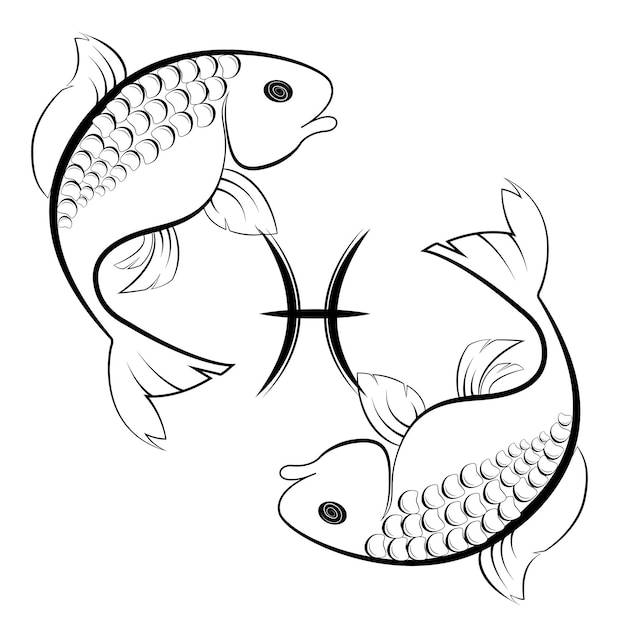 Знак зодиака рыбы черно-белый с изображением двух рыб и символа, выделенного на белом фоне векторной иллюстрации