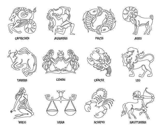 Гороскоп набор знаков зодиака, контурные рисунки