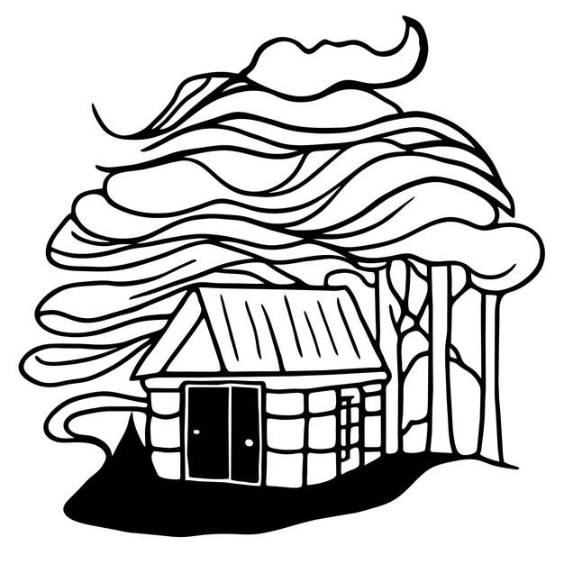 Вектор деревянного дома, покачиваемого ветром в черно-белых линиях