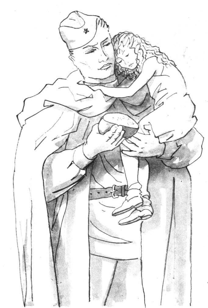 Солдат держит на руках ребенка рисунок раскраска 