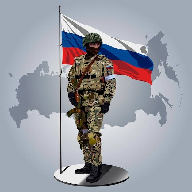 Русский солдат с русским флагом за армией россии