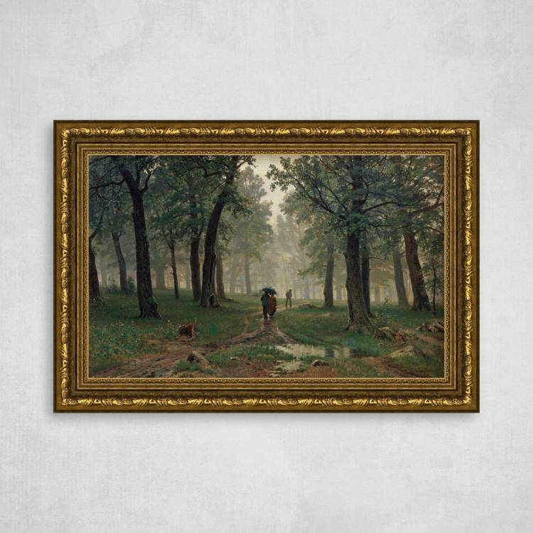 Картина на холсте в золотой багетной раме, Иван Шишкин Дождь в дубовом лесу