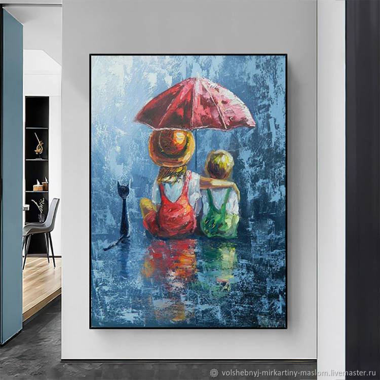 Картина маслом Дети под дождем Синяя картина в интерьер Портрет в интернет